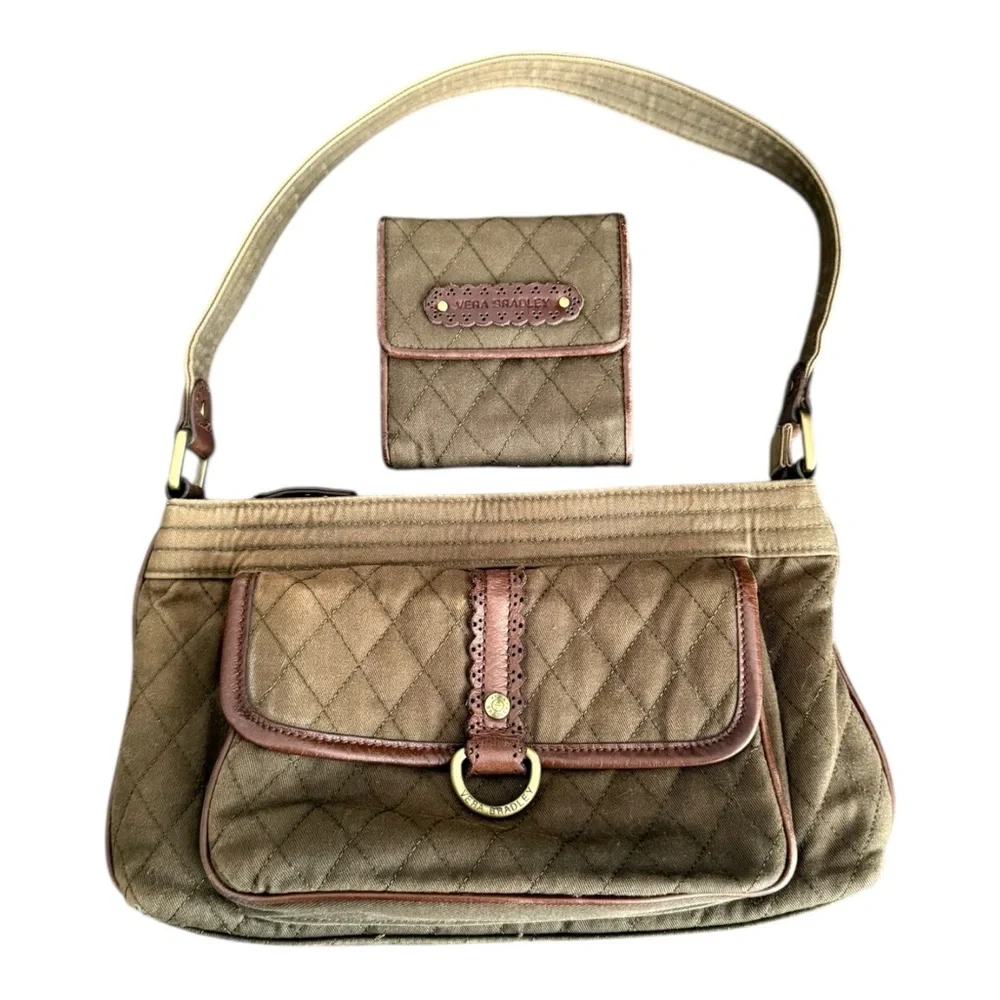 Vera Bradley Middleton Olive Khaki Quilted Shoulder Bag Satchel Set Rare Y2K